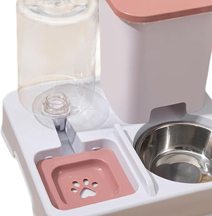 Automatic Dog Cat Feeder Dry and Wet Separation Smooth Surface Removable Eating and Drinking Bowl for Dogs Small Animal Puppy- Pink White