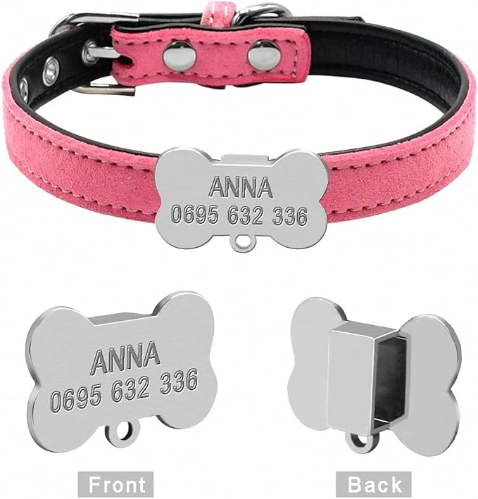 Personalized Chihuahua Collar for Small Dog Adjustable Padded Pet Collars with Bell for Small Medium Cat Dogs Pink Bone S