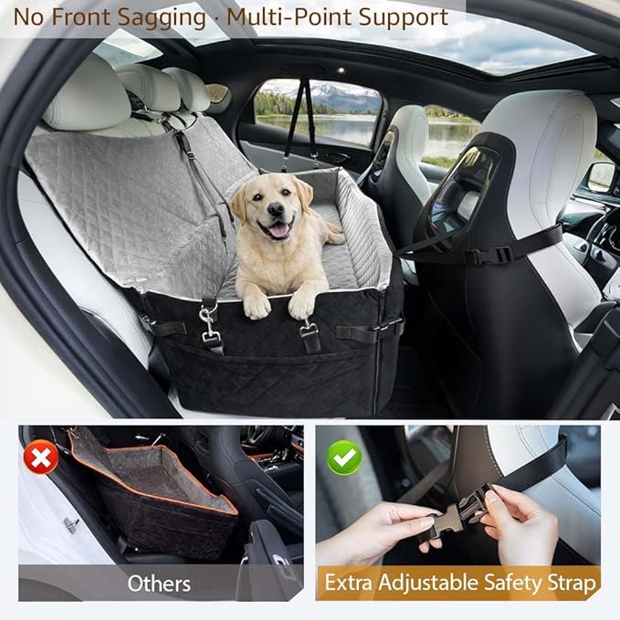 unipaws Dog Car Seat for Medium/Large Dogs up to 120lbs, Pet Booster Seat with 2 Safety Belts & Side Pockets, Easy Front/Side Entry, Detachable, Washable Pet Car Bed for Backseat (Black/Grey)