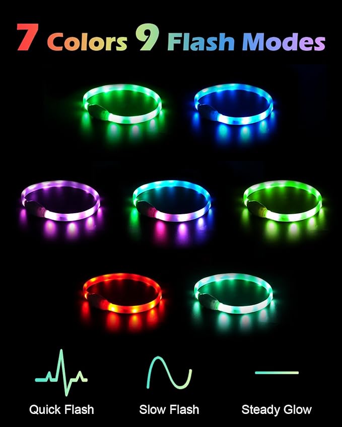 Cool LED Dog Collar Rechargeable Light Up Dog Collar Rainproof 9 Flashing Modes, Glow Collars for Night Walking, Cuttable Soft Silicone Collar (M,Colorful)