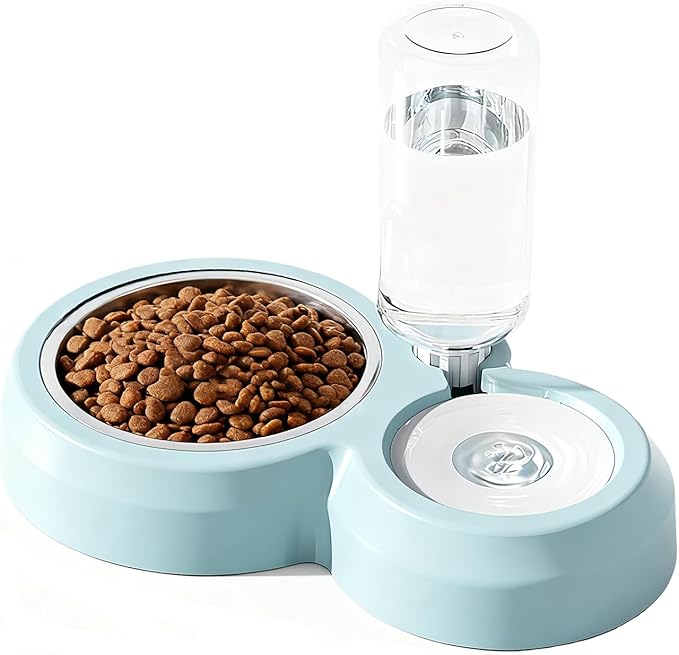 JAY D.L Double Dog Bowls, Cat Food and Water Bowl Set with Water Dispenser and Stainless Steel Bowl Gravity Feeder for Small or Medium Size Dogs Cats Rabbits (Blue)
