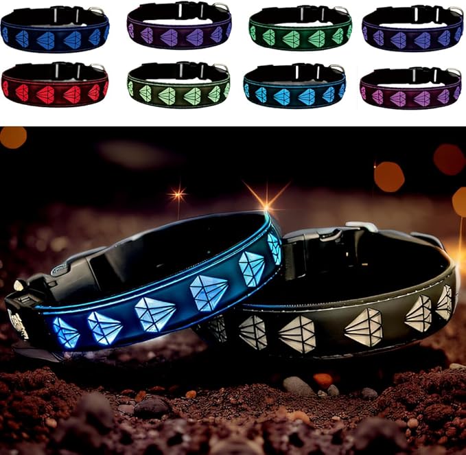 LED Dog Collar with Diamond Pattern, 15 Light Modes, with Bonus Pet ID Tag and Bell (Black, M(11.8-15.7"))