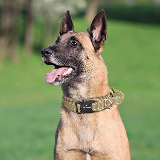 Military Tactical Pet Dog Collar Personalized Custom Nylon Reflective Small Medium Large Dog Collars Engraved ID Name Adjustable Yellow M