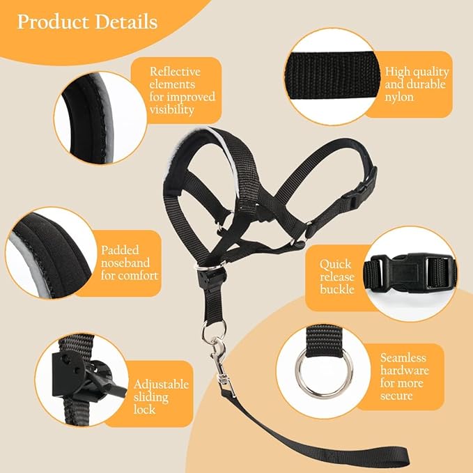 BARKLESS Head Collar for Dogs, No Pull Dog Nose Leash for Small Medium and Large Dogs, Dog Head Halter That Prevent Pulling for Easy Control on Walks (M (Snout 6 ¾-8 ¾"), Black)