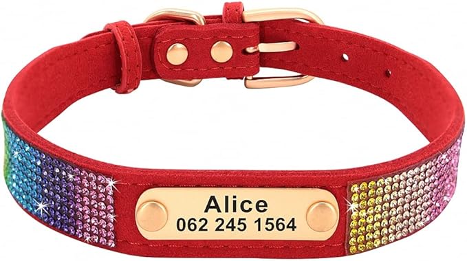 Custom Crystal Dog Collar Soft Leather Pet ID Collar Personalized Rhinestone Collars Adjustable for Small Medium Large Dogs Cat Red L