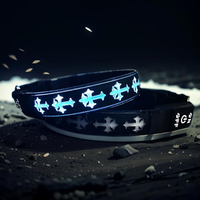 Subversive USB-C led Light up Dog Collar,3D Cross Design Comfortable and Soft Material,Multicolored Lighting (Black with airtag Holder, S(7.87-11.8"))