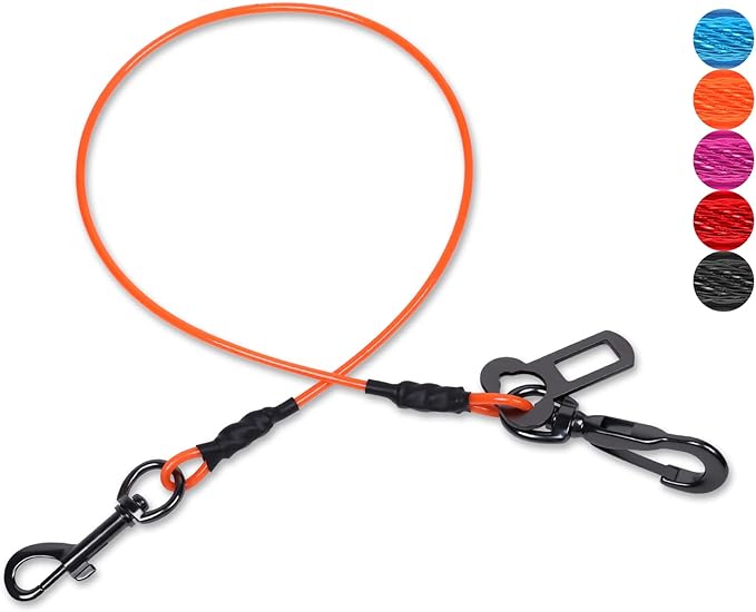 VIVAGLORY Dog Seat Belt Tuffbelt Dog Car Harness, Seatbelt with Clip & Hook for Car Travel, Chew Proof Anti Chew Unchewable Metal Safety Tether Restraint, L, Orange