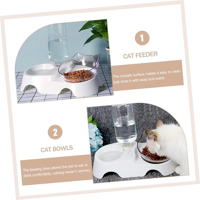Pet Food Feeder Set Dual-Bowl Cat and Dog Food and Water Holder with Automatic Water Dispenser Tilted Design for Small to Medium Pets White