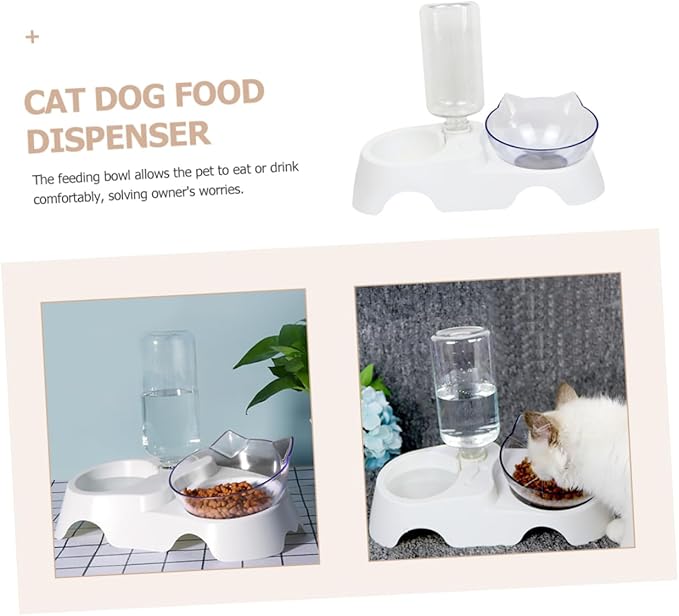 Pet Food Feeder Set Dual-Bowl Cat and Dog Food and Water Holder with Automatic Water Dispenser Tilted Design for Small to Medium Pets White