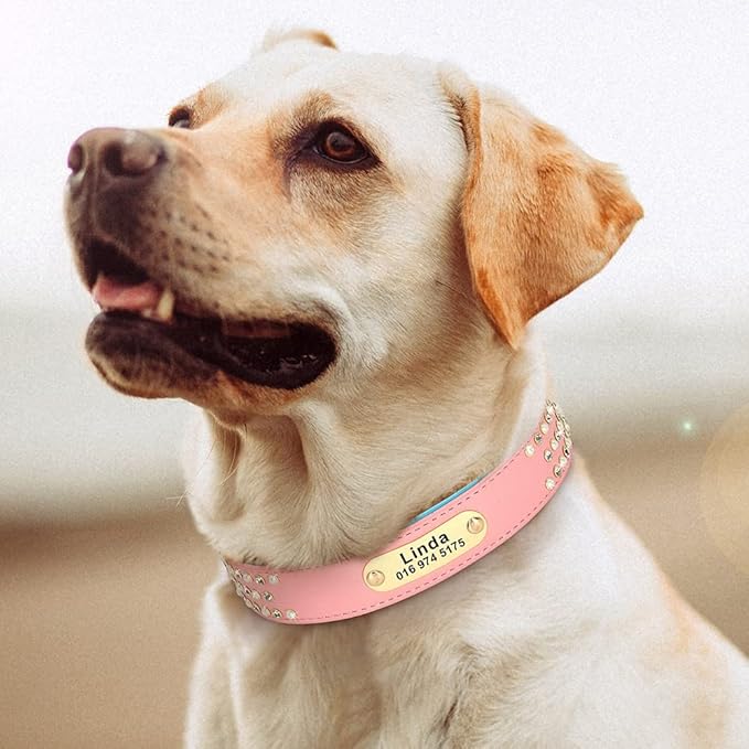 Rhinestone Custom Dog Collars Leather Personalized Crystal Pet Collar Padded Collars Adjustable for Small Medium Large Dogs Pink M