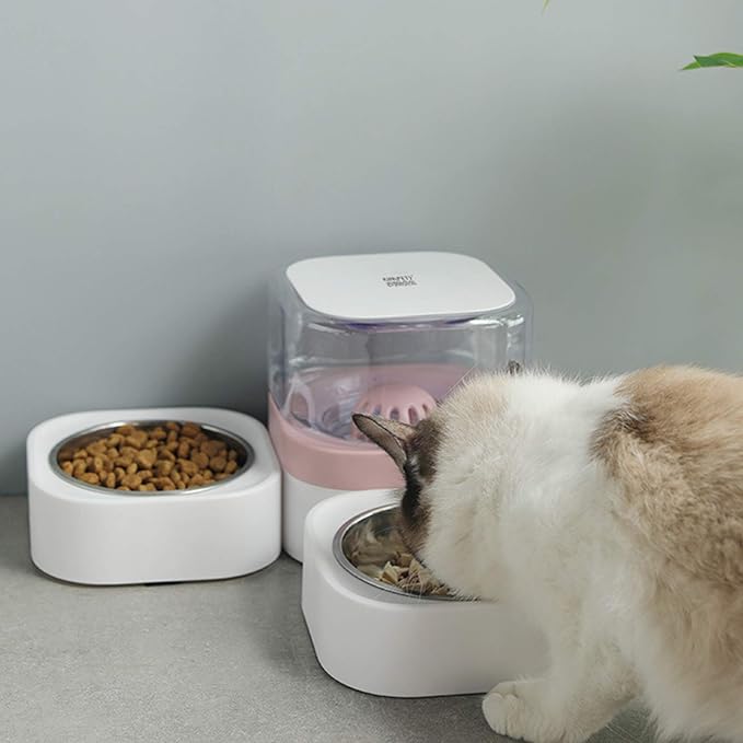 Automatic Pet Water Dispenser 1.8L Cats Dogs Food Water Feeder Dispenser Foutains Bowls with Detachable No-Spill Waterer and Stainless Steel Feeder Bowl for Pets Puppy Kitten