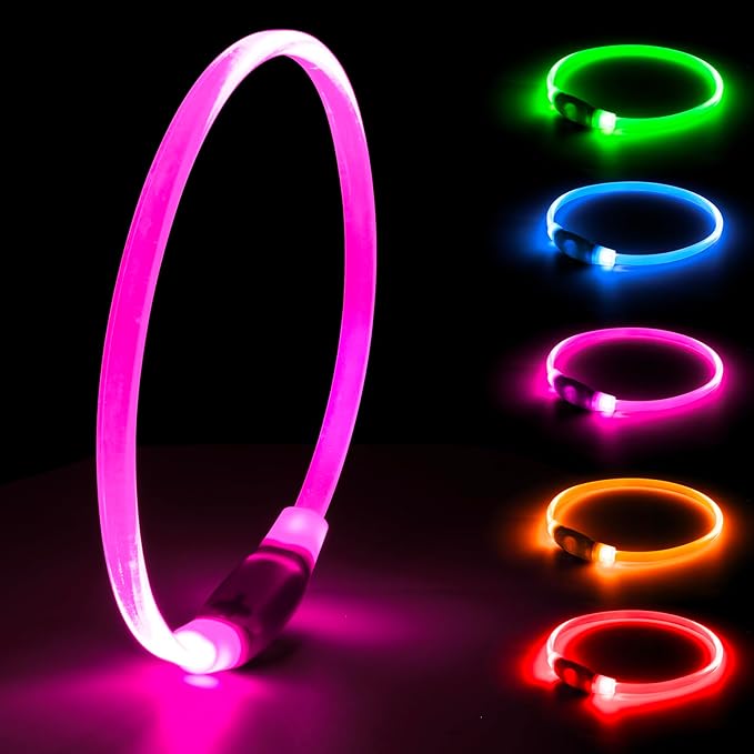 LED Dog Collar, Light Up Dog Collars USB Rechargeable for Night Walking-Fashion TPU Glowing Safety Pet Collar Lights for Small Dogs Cat(Pink)