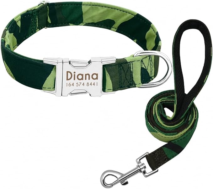 Personalized Dog Collar Leash Nylon Print Small Dog Collars and Lead for Small Medium Large Pet Pitbull German Shepherd Puppy Camouflage Set L