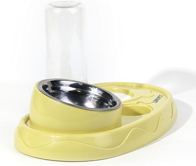 Cat & Small Dog Feeder with Automatic Water Dispenser, Stainless Steel Food Bowl & Gravity Water Bottle with Non-Slip Base, Easy to Clean Pet Feeding Station (Yellow)