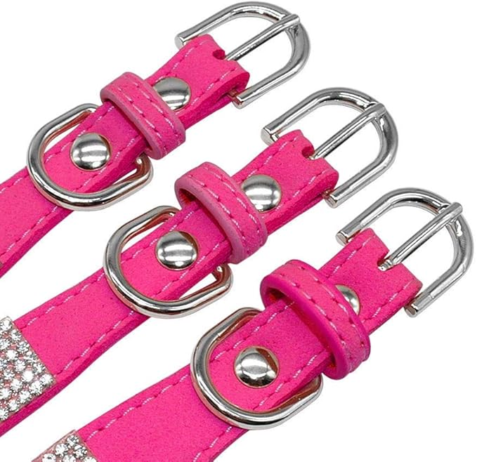Rhinestone Dog Collar, Cute Dazzling Sparkling Soft Suede Leather Dog Cat Rhinestone Collar Crystal Diamond Pet Dog Puppy Collar(Hot Pink,M fit Neck 32-38 cm)