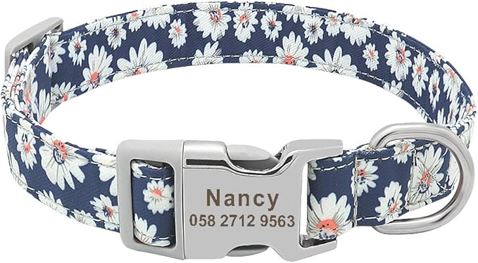 Custom Dog Collar Nylon Floral Engraved Pet Puppy Collar Print Personalized Name Collars for Small Medium Large Dogs Pitbull Blue 5 M