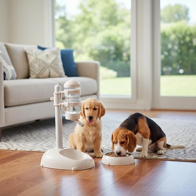 Pet Standing Water Dispenser, Plastic Height Adjustable 500ml Capacity Dog Water Bottle Dispenser Automatic Dog Feeding Station Food for PuppyBowl (Beige)