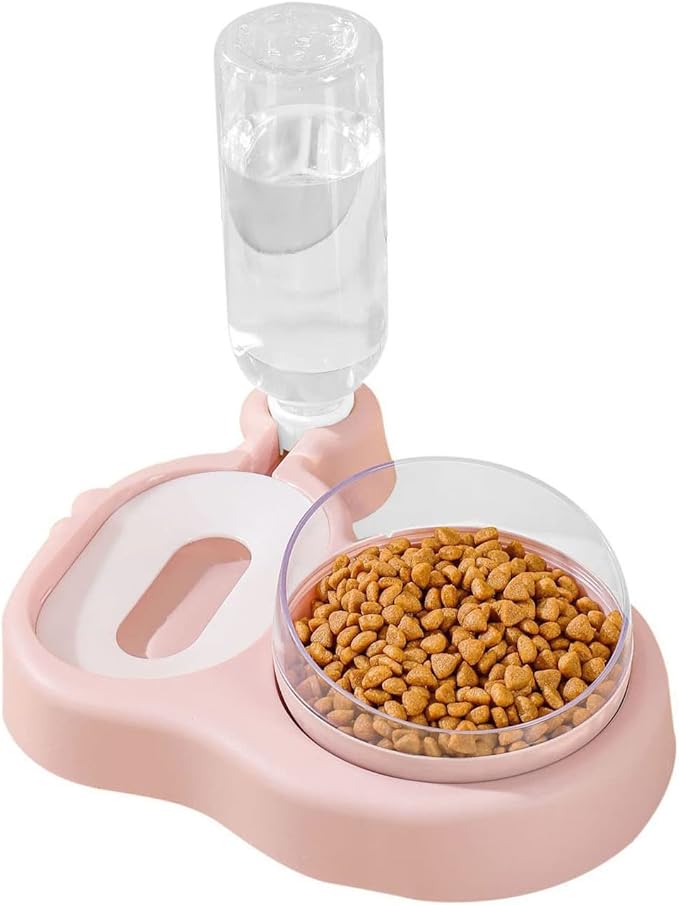 Raised Cat Bowls, 15 Tilted Puppy & Cat Food & Water Bowl Set with Automatic Water Dispenser Bottle - Pink