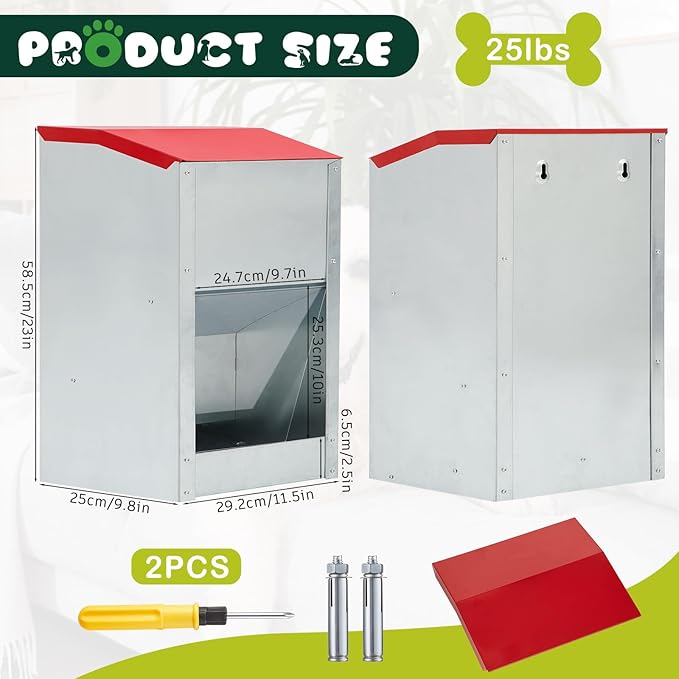 2 Pcs 25 Lbs Large Automatic Dog Feeders with Handle Acrylic Panel Galvanized Gravity Feeder Outdoor Hanging for Doggie Breed Dog Food Dispenser Container(Red)