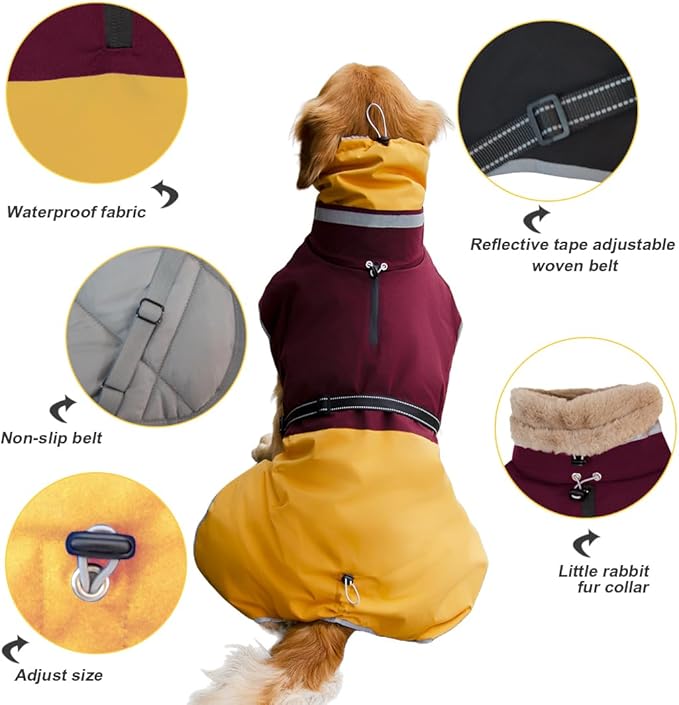 Waterproof Dog Winter Coat, Reflective Turtleneck Fleece Jacket with Snow Protection for Large Dogs, Cold Weather Pet Clothing (Yellow, L)