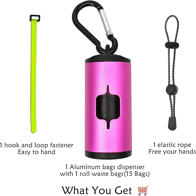Aluminum Dog Poop Bags Holder with Carabiner Metal Pet Waste Bags Dispenser with Hook and Loop Fastener and Elastic Cord to Carry Used Bags (Pink, 1 Holder 15 Bags)