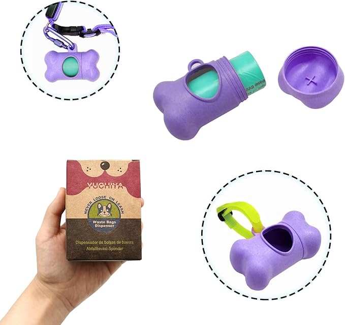 Dog Poop Pickup Bags Holder Dispenser with Standard-Sized Leak-Proof Scented Doggy Waste Bags and Carabiner Hook and Loop Fastener Never Loose on Leash Lead Again (2 Holder 30 Bags, Purple)