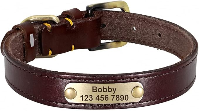 Personalized Leather Dog Collar Custom Dog Collars Leather Gold Buckle Pet ID Collar for Small Medium Large Dogs Dobermann Dark Brown L
