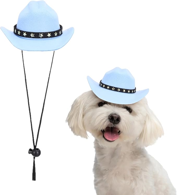 Dog Cowboy Hat, Mini Cowboy Hat for Pet with Chin Strap Adjustable Cosplay Cap, (Blue, L), Intended for Dogs and Cats/Halloween Costume/Party Decoration