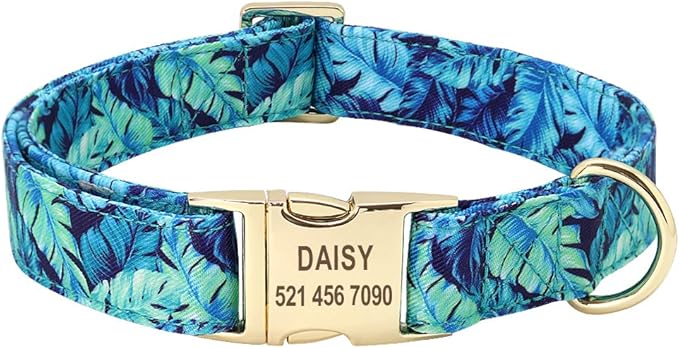 Personalized Floral Dog Collar and Leash Set Custom Small Medium Large Dog Pet ID Collar Lead Flower Print Dog Engraved Collars Blue Collar L