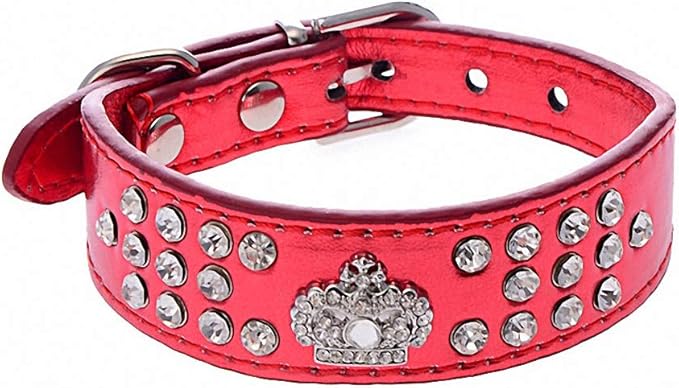 Luxury Pet Dog Collar Bling Crystal Rhinestones Crown Charm Accessories Leather Collars for Small Dogs Diamond Necklace 20E red S