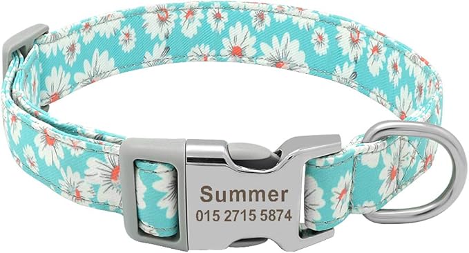 Custom Dog Collar Nylon Floral Engraved Pet Puppy Collar Print Personalized Name Collars for Small Medium Large Dogs Pitbull Green 3 S