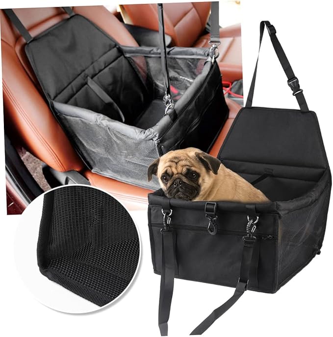 Breathable Mesh Dog Car Seat with Design Safety Leash and Thick Support Rods for Pet Travel Compatible with Harnesses Black Color(Black)