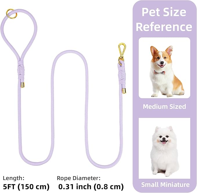 Durable Handwoven Dog Leash for Small & Medium Dogs, 5/16 inch Rope Lead with Anti-Tangle Swivel Clip, Soft & Lightweight, 5FT Long – Ideal for Daily Walking & Training (Light Purple)