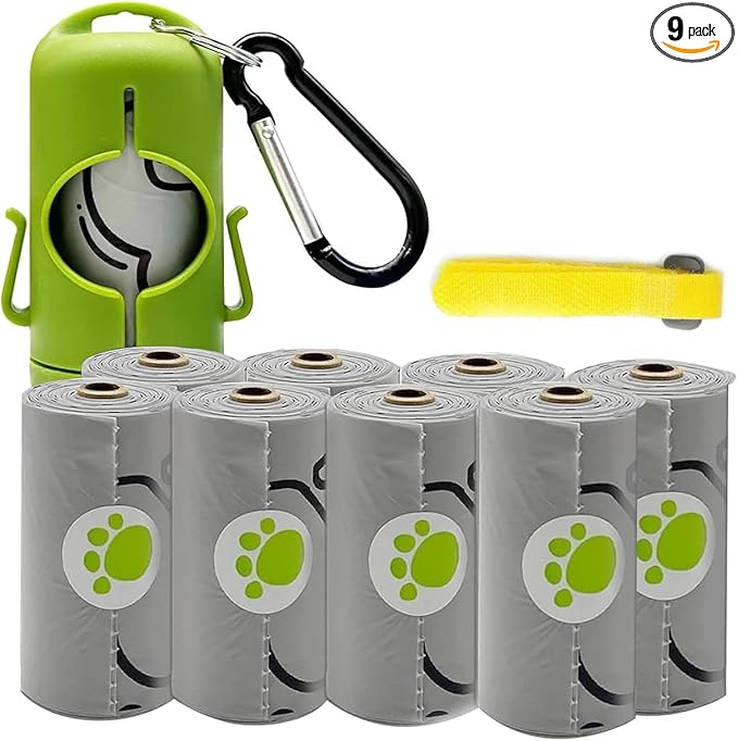 Dog Poop Bag Holder with Leash Clip, Adjustable Strap & 2-Side Hooks for Used Dog Waste Bags (Green)