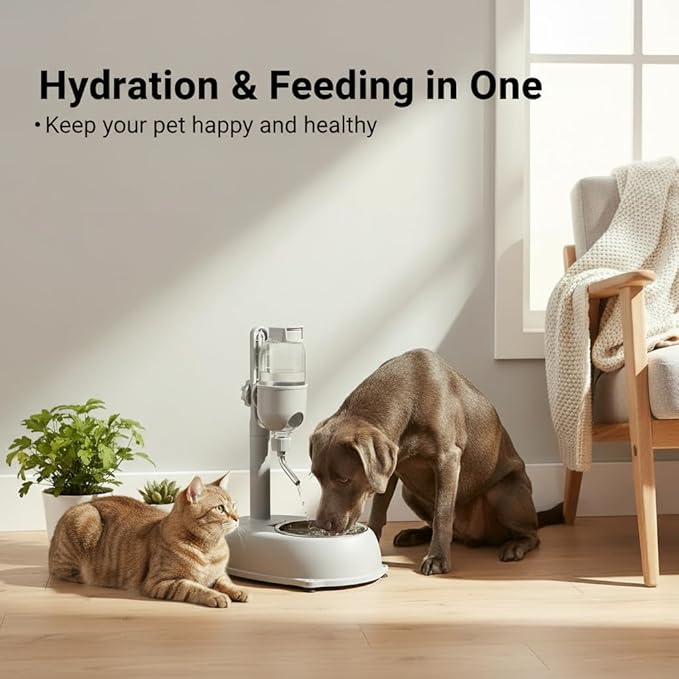 2 in 1 Large Dog Water Bowl Dispenser, 16.91oz PP and ABS Automatic Dog Water Dispenser, Adjustable Pet Standing Water Dispenser Bowl for Cats and Others, 11 x 7.7 x 15.4in