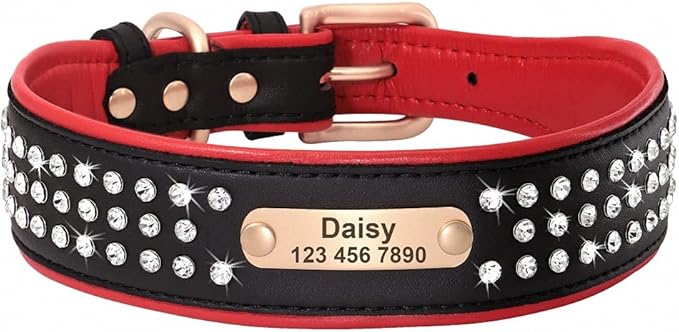 Personalized Crystal Leather Dog Collar Custom Rhinestone Dog Collars with Buckle Free Engraved ID Collar for Medium Large Dogs Black M