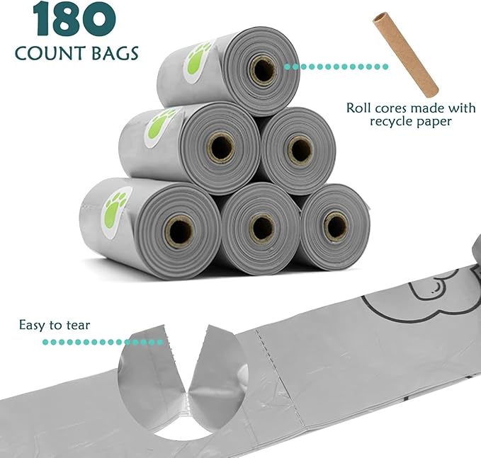 Dog Poop Bag Dispenser with Flashlight|Holder with Leash Clip|Hands-Free Leash Poop Bag Holder with Straps and 1 Roll Dog Waste Bags (Light Gray,1 Holder 195 Bags)