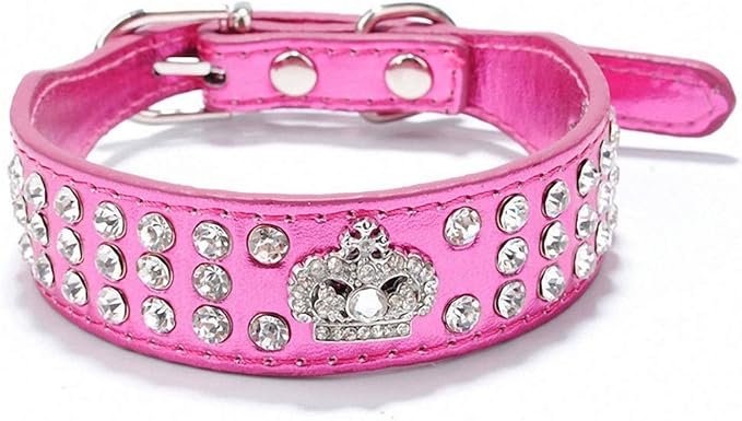Luxury Pet Dog Collar Bling Crystal Rhinestones Crown Charm Accessories Leather Collars for Small Dogs Diamond Necklace 20E Rose XS