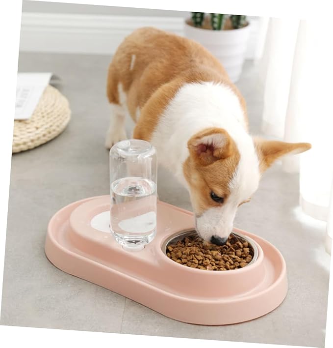Yardwe Dual Use Automatic Pet Water Dispenser Pink Plastic Stainless Steel Double Bowl for Dogs with Sink Partition Pet Water Feeder