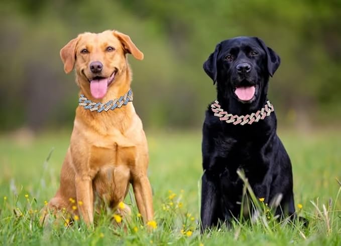 Pink Gold Chain Collar Bling Diamond Cuban Link Dog Collars Necklace Glitter Rhinestone Puppy for Small Medium Large Pet Dogs Cats(Pink 18inch)