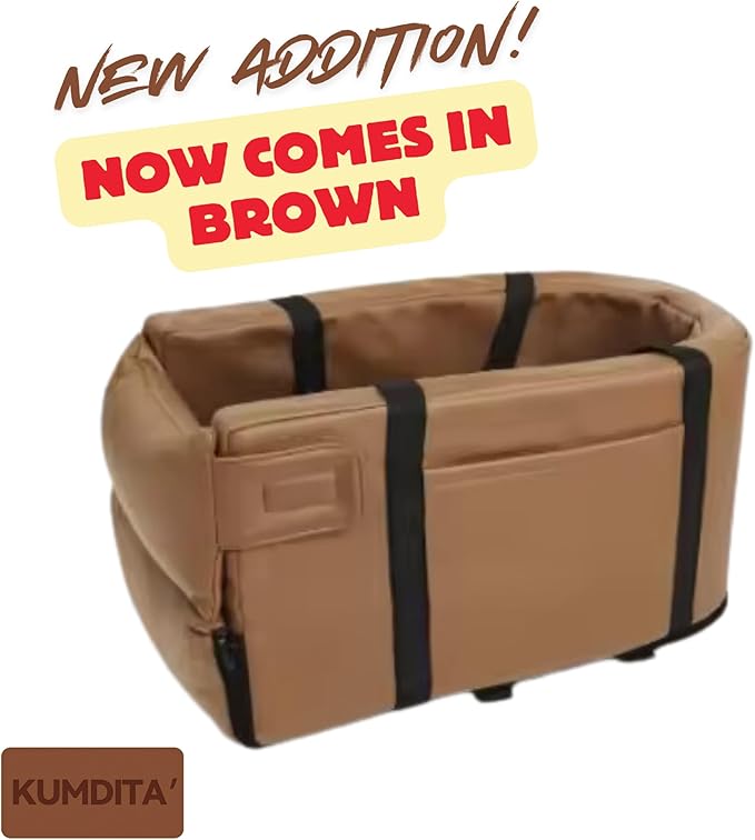 Kumdita' Center Console Dog Car Seat & Carrier for Small Dogs & Cats – Portable Booster with Sewn-in Leash, Machine Washable, Fits Most Vehicles (Brown)