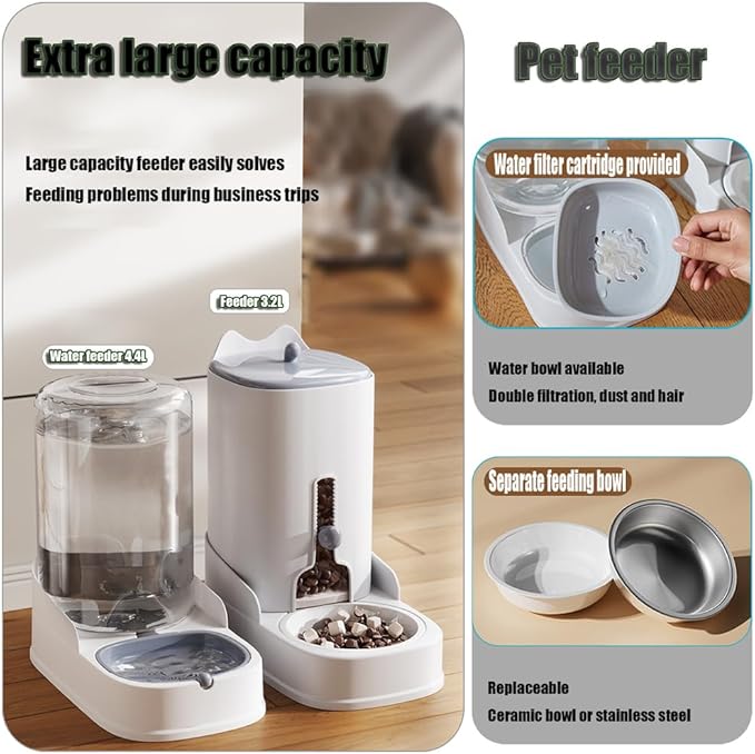 Automatic Pet Feeder for Cats & Small Dogs - 3.2L Programmable Pet Feeder with Stainless Steel Bowl, Suitable for Dry Food, Perfect Portion Control for Puppies & Kittens, Medium Dogs,Gray,Feede