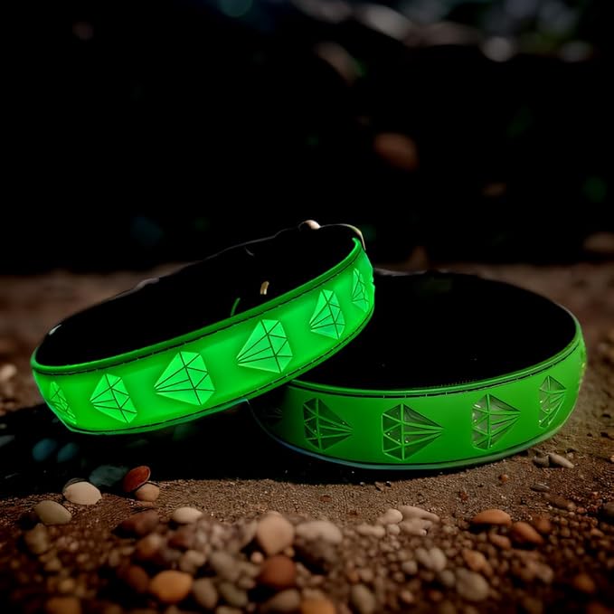 LED Dog Collar with Diamond Pattern, 15 Light Modes, with Bonus Pet ID Tag and Bell (Green, M(11.8-15.7"))