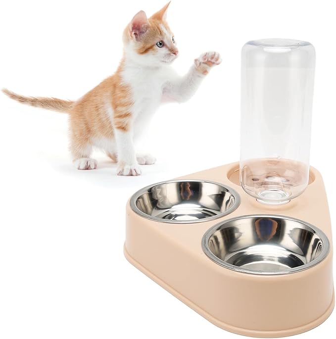 Pet Food & Water Bowl Set, Automatic Refill Bottle with Non Slip Base, Stainless Steel Bowls for Cats and Dogs, Pink