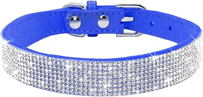 Rhinestone Dog Collar, Cute Dazzling Sparkling Soft Suede Leather Dog Cat Rhinestone Collar Crystal Diamond Pet Dog Puppy Collar (M, Dark Blue)