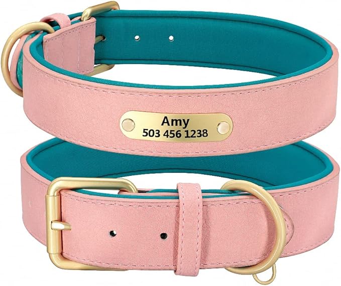 Personalized Dog Collar Custom Leather Dog Collars Soft Inner Padded Pet ID Collar for Small Medium Large Dogs Pitbull Bulldog Pink M
