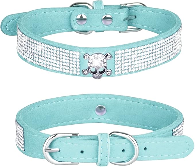 Rhinestone Dog Collar, Cute Dazzling Sparkling Soft Suede Leather Adjustable Pet Dog Cat Collar Crystal Diamond for Puppy Small Medium Large Dogs (XS:21-26cm, Light Blue-5)