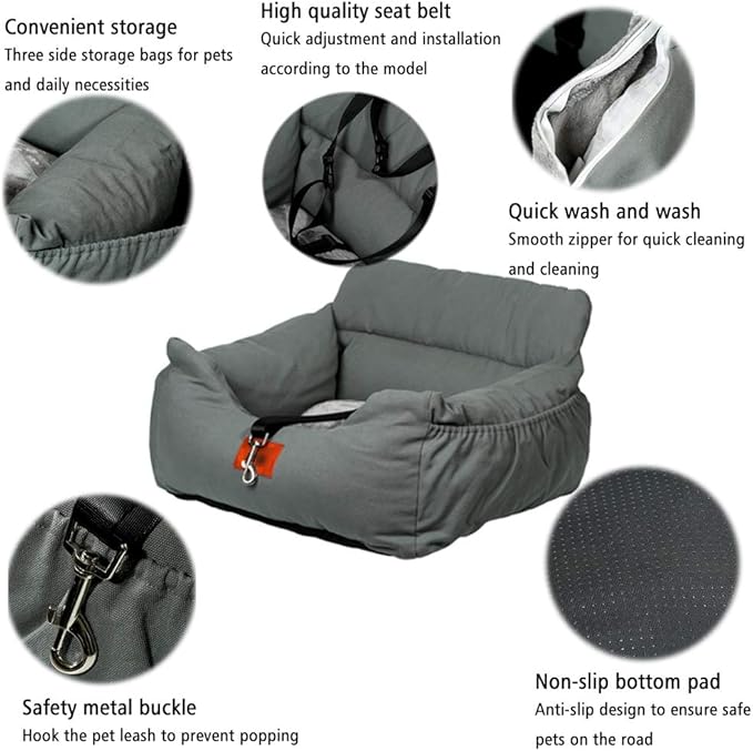 Dog Car Seat Pet Booster Seat Pet Travel Safety Car Seat Dog Bed for Car with Storage Pocket,Clip-On Safety Leash,Removable Cover for Cars, Trucks and Suvs,Gray