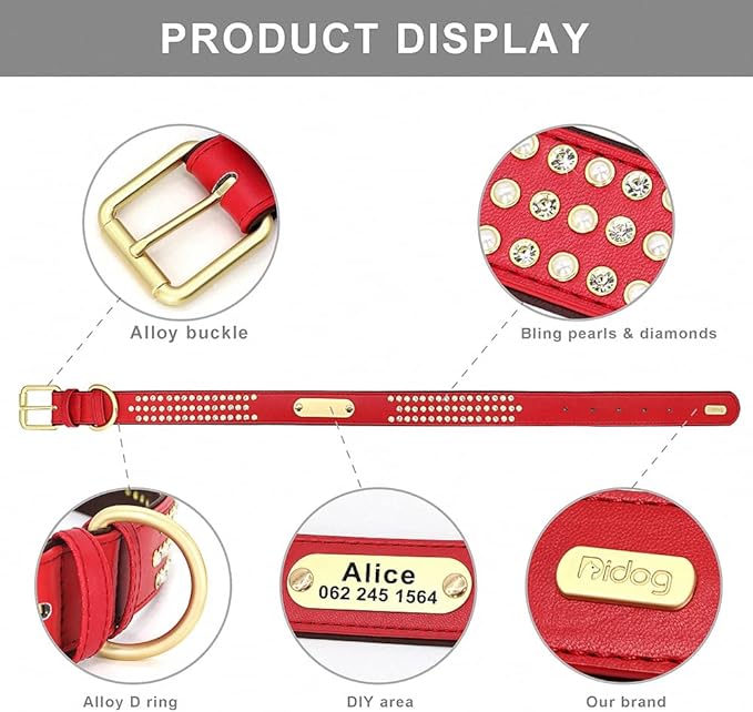 Rhinestone Custom Dog Collars Leather Personalized Crystal Pet Collar Padded Collars Adjustable for Small Medium Large Dogs Red XXL