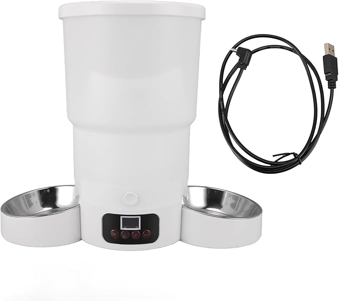 Cat Food Dispenser, 5L Pet Automatic Feeder with 2 Stainless Steel Bowls, Control Auto Dog Feeder, Dual Power Supply, Visible Food Storage